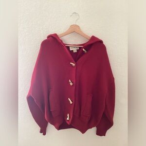 Madrigal Carmel Red Hooded Sweater Cardigan Virgin Wool Toggles